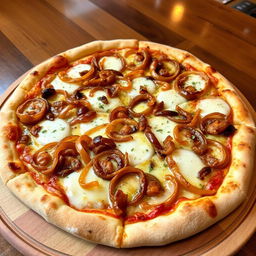 A mouthwatering onion pizza featuring a perfectly golden-brown crust that is crisp on the outside and soft on the inside