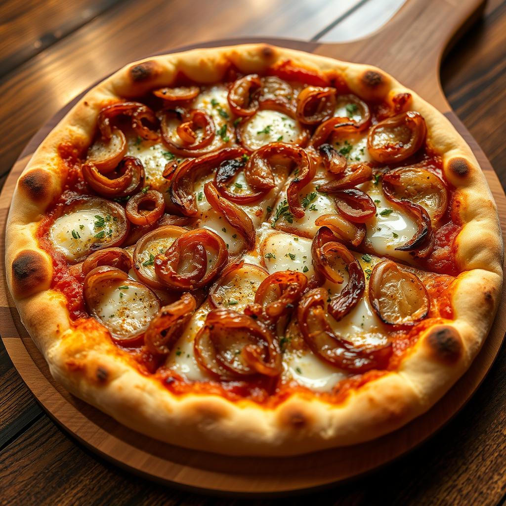 A mouthwatering onion pizza featuring a perfectly golden-brown crust that is crisp on the outside and soft on the inside