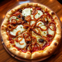 A mouthwatering onion pizza featuring a perfectly golden-brown crust that is crisp on the outside and soft on the inside