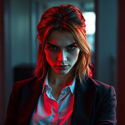 A woman with sharp, intimidating red eyes and a slightly smirking expression, showcasing her sharp features