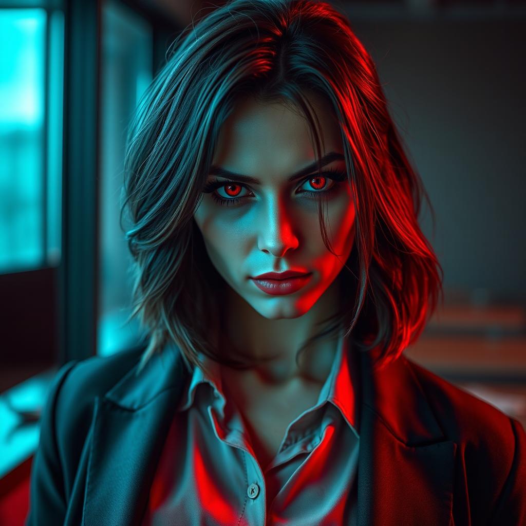 A woman with sharp, intimidating red eyes and a slightly smirking expression, showcasing her sharp features