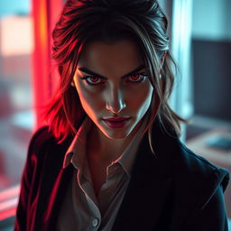 A woman with sharp, intimidating red eyes and a slightly smirking expression, showcasing her sharp features