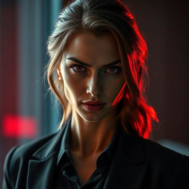 A woman with sharp, intimidating red eyes and a slightly smirking expression, showcasing her sharp features