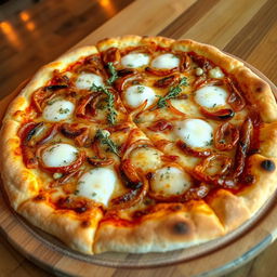 A delicious onion pizza showcasing a golden-brown crust that is both crispy and fluffy