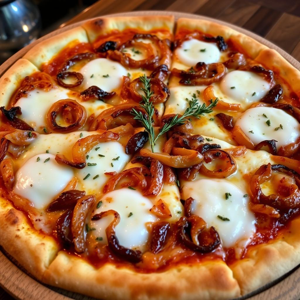 A delicious onion pizza showcasing a golden-brown crust that is both crispy and fluffy