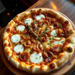 A delicious onion pizza showcasing a golden-brown crust that is both crispy and fluffy