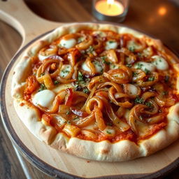 A delicious onion pizza featuring a perfectly golden-brown crust that is crispy on the outside yet soft on the inside