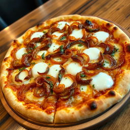 A delicious onion pizza featuring a perfectly golden-brown crust that is crispy on the outside yet soft on the inside