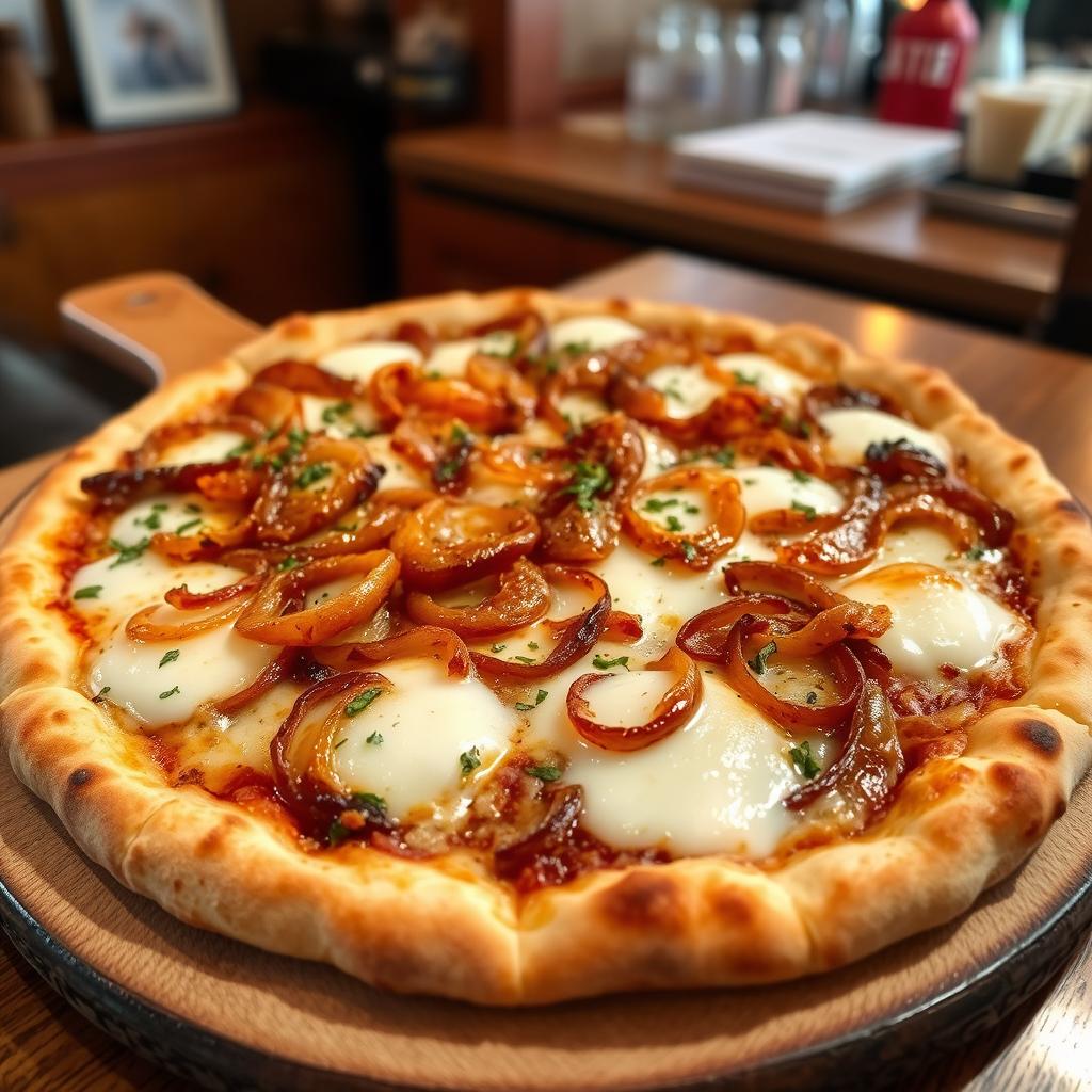 A delicious onion pizza featuring a perfectly golden-brown crust that is crispy on the outside yet soft on the inside