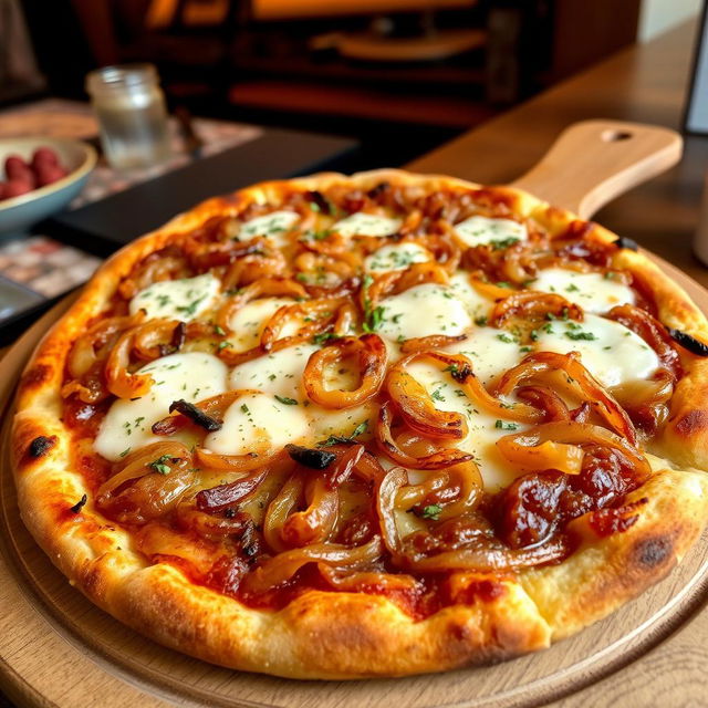 A delicious onion pizza featuring a perfectly golden-brown crust that is crispy on the outside yet soft on the inside
