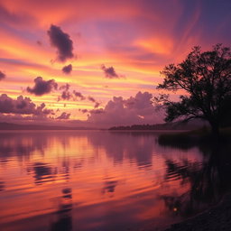 A serene landscape at dusk featuring a calm lake reflecting the vibrant colors of the sunset