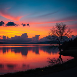 A serene landscape at dusk featuring a calm lake reflecting the vibrant colors of the sunset