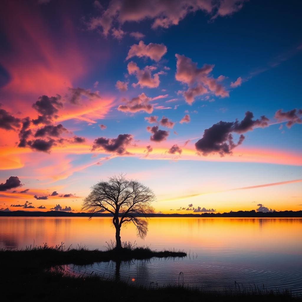 A serene landscape at dusk featuring a calm lake reflecting the vibrant colors of the sunset
