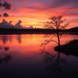 A serene landscape at dusk featuring a calm lake reflecting the vibrant colors of the sunset