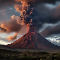 An imposing volcano, colossal in size, with smoke billowing from its peak set against a dramatic sky