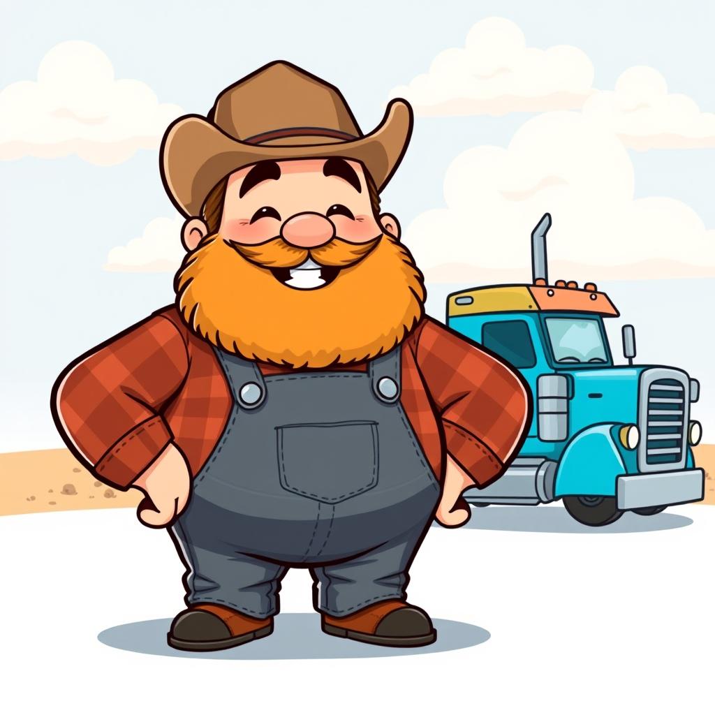 A chibi-style fat trucker character with a big, cheerful smile and a bushy beard