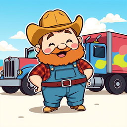 A chibi-style fat trucker character with a big, cheerful smile and a bushy beard