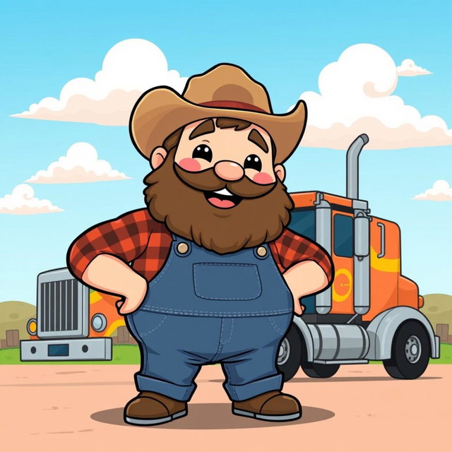 A chibi-style fat trucker character with a big, cheerful smile and a bushy beard