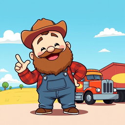 A chibi-style fat trucker character with a big, cheerful smile and a bushy beard