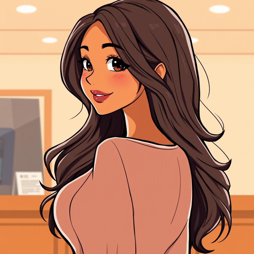 A webtoon-style illustration featuring a woman from the waist up, radiating warmth and charm