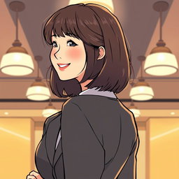 An illustration in webtoon or comic style featuring a woman from the waist up in a warm atmosphere