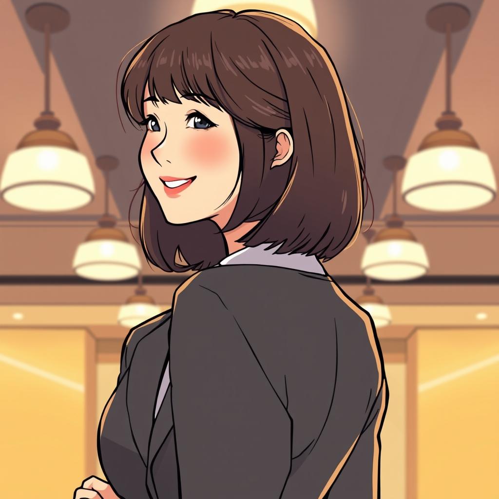 An illustration in webtoon or comic style featuring a woman from the waist up in a warm atmosphere