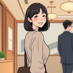 An illustration in webtoon or comic style featuring a woman from the waist up in a warm atmosphere