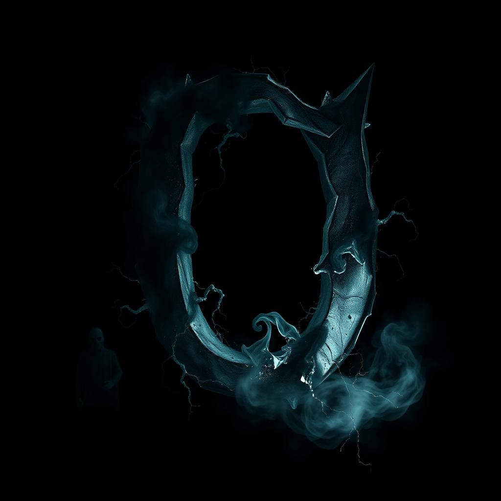 A haunting representation of the letter 'Q' on a pitch-black background, embodying horror core aesthetics