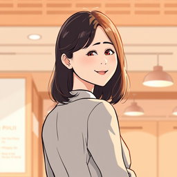 An illustration in webtoon or comic style featuring a woman from the waist up in a warm atmosphere