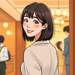 An illustration in webtoon or comic style featuring a woman from the waist up in a warm atmosphere