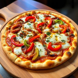 A flavorful onion and capsicum pizza featuring a perfectly baked golden-brown crust that is both crispy and fluffy