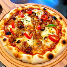 A flavorful onion and capsicum pizza featuring a perfectly baked golden-brown crust that is both crispy and fluffy