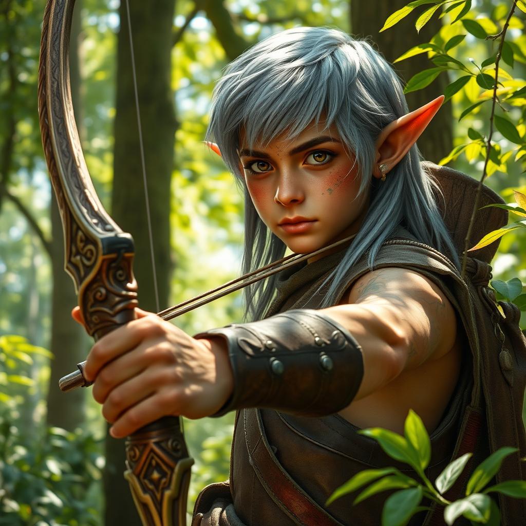 A young adult forest elf with silvery-gray hair and coppery skin accentuated by green traces