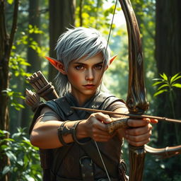 A young adult forest elf with silvery-gray hair and coppery skin accentuated by green traces