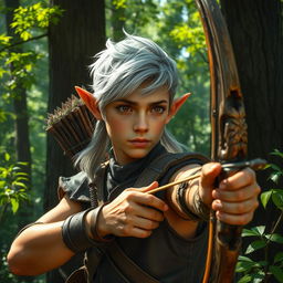 A young adult forest elf with silvery-gray hair and coppery skin accentuated by green traces