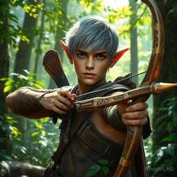 A young adult forest elf with silvery-gray hair and coppery skin accentuated by green traces