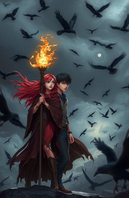 A red-haired young adult female mage dressed in a flowing, mystical robe, standing confidently with a staff glowing with magical energy