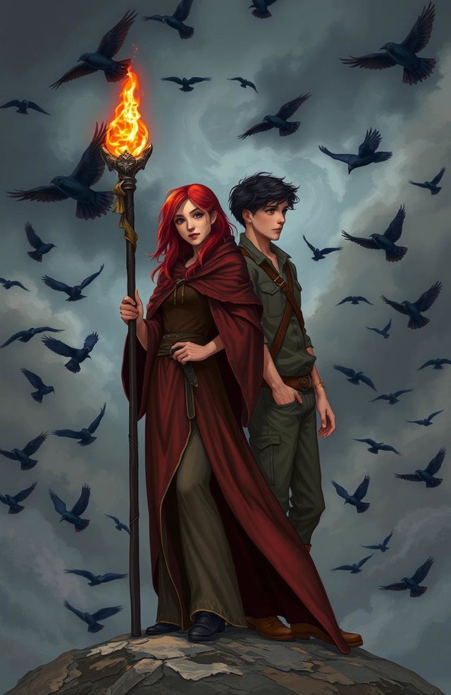 A red-haired young adult female mage dressed in a flowing, mystical robe, standing confidently with a staff glowing with magical energy