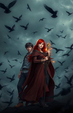 A red-haired young adult female mage dressed in a flowing, mystical robe, standing confidently with a staff glowing with magical energy