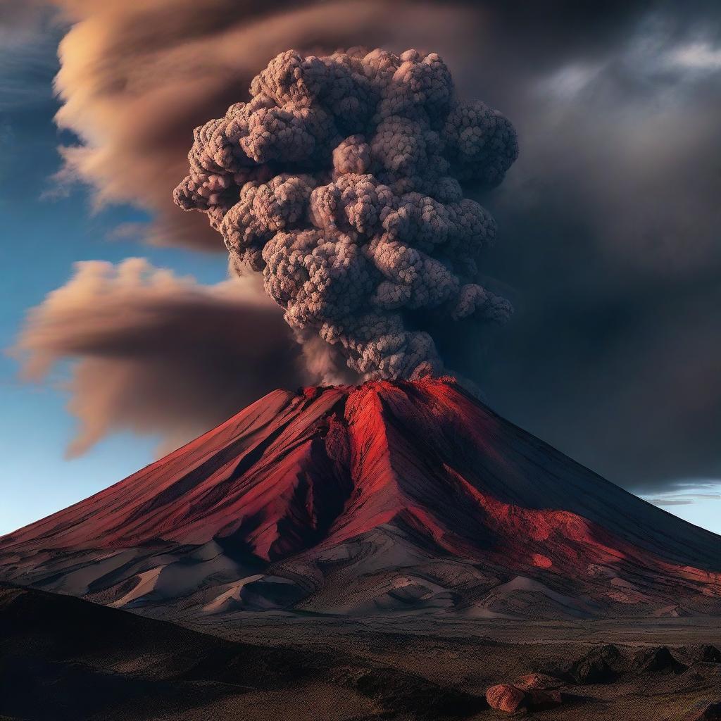 An imposing volcano, colossal in size, with smoke billowing from its peak set against a dramatic sky