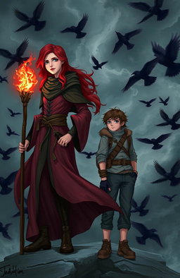 A red-haired young adult female mage dressed in a flowing, mystical robe, standing confidently with a staff glowing with magical energy