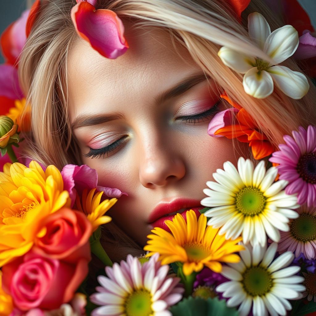 A close-up portrait of a person's face partially immersed in a vibrant bouquet of flowers, with colorful petals surrounding the features, creating a dreamy and tranquil atmosphere