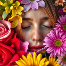 A close-up portrait of a person's face partially immersed in a vibrant bouquet of flowers, with colorful petals surrounding the features, creating a dreamy and tranquil atmosphere