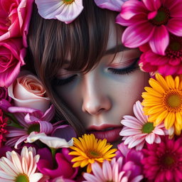 A close-up portrait of a person's face partially immersed in a vibrant bouquet of flowers, with colorful petals surrounding the features, creating a dreamy and tranquil atmosphere