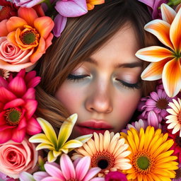 A close-up portrait of a person's face partially immersed in a vibrant bouquet of flowers, with colorful petals surrounding the features, creating a dreamy and tranquil atmosphere