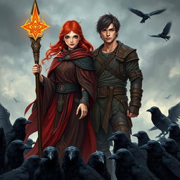 A red-haired young adult female mage dressed in flowing, elegant robes adorned with mystical symbols, standing confidently with a radiant, glowing staff