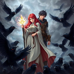 A red-haired young adult female mage dressed in flowing, elegant robes adorned with mystical symbols, standing confidently with a radiant, glowing staff