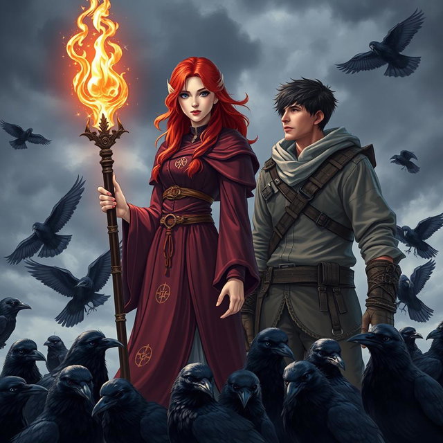 A red-haired young adult female mage dressed in flowing, elegant robes adorned with mystical symbols, standing confidently with a radiant, glowing staff