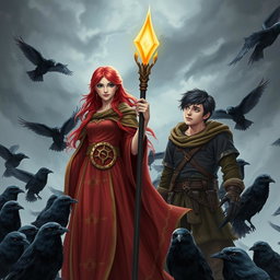 A red-haired young adult female mage dressed in flowing, elegant robes adorned with mystical symbols, standing confidently with a radiant, glowing staff