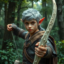 A robust young adult forest elf with silvery-gray hair and coppery skin that has green traces